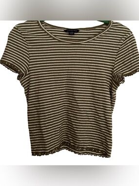 American Eagle Women’s Olive and White Striped Lettuce Edge T-Shirt Size Small